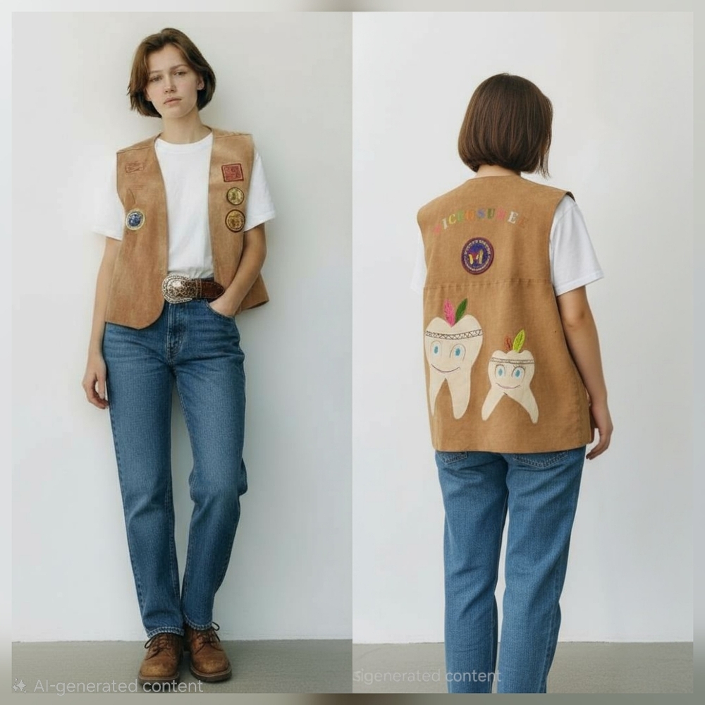 Vtg 1980s YMCA Miccosukee Indian Princess Hand Painted Leather Vest w/ Patches.